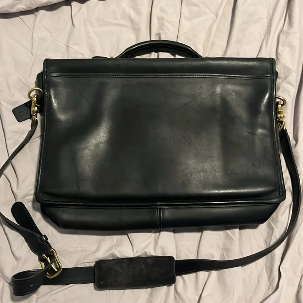 Coach Black Leather Laptop Briefcase with Gold Turn-Lock